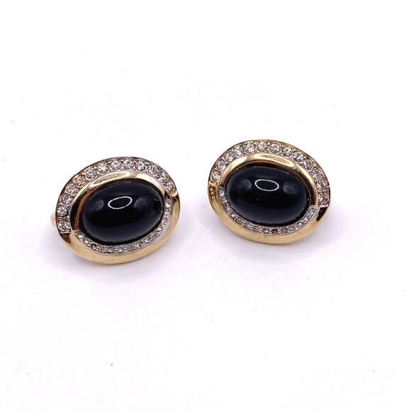 Nina Ricci Signed Gold Tone and Black Retro Suds Earrings with Rhinestones - Picture 3 of 6